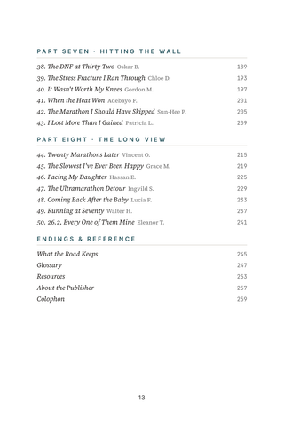Contents page 3 of 26.2 Stories: the 50 Marathon Running stories in this volume