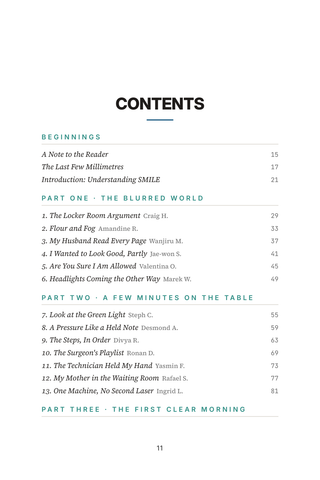 Contents page 1 of A Smaller Cut: the 50 SMILE Vision Correction stories in this volume