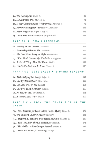 Contents page 2 of A Smaller Cut: the 50 SMILE Vision Correction stories in this volume