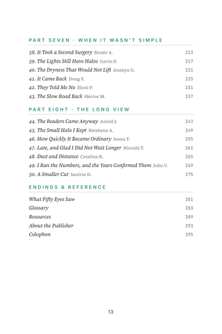 Contents page 3 of A Smaller Cut: the 50 SMILE Vision Correction stories in this volume