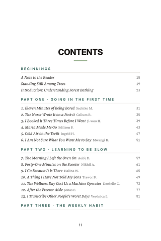 Contents page 1 of Among the Trees: the 50 Forest Bathing stories in this volume