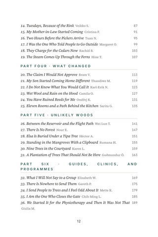 Contents page 2 of Among the Trees: the 50 Forest Bathing stories in this volume
