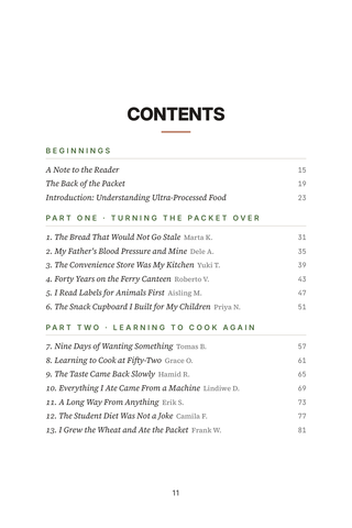 Contents page 1 of Back to Real Food: the 50 Ultra-Processed-Free Eating stories in this volume