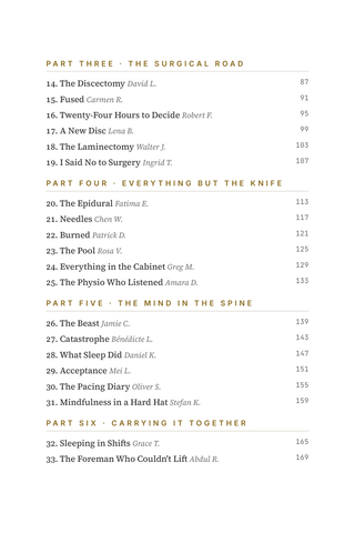 Contents page 2 of Backbone: the 50 Chronic Back Pain stories in this volume