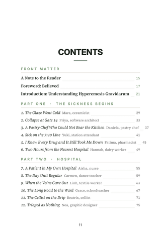 Contents page 1 of Beyond Morning Sickness: the 50 Hyperemesis Gravidarum stories in this volume