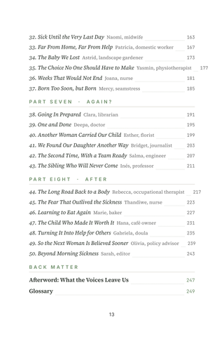 Contents page 3 of Beyond Morning Sickness: the 50 Hyperemesis Gravidarum stories in this volume