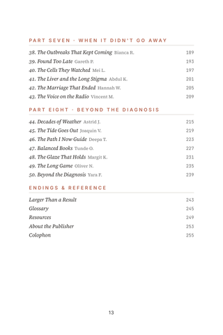 Contents page 3 of Beyond the Diagnosis: the 50 STI Recovery & Stigma stories in this volume