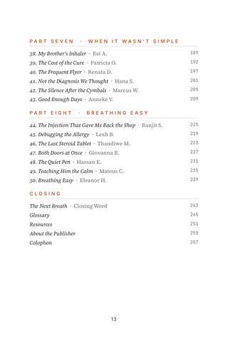 Contents page 3 of Breathe Easy: the 50 Asthma stories in this volume