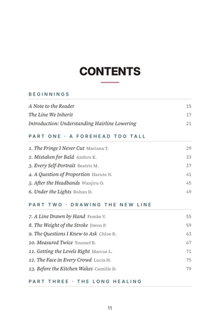 Contents page 1 of Bringing It Forward: the 50 Hairline Lowering stories in this volume
