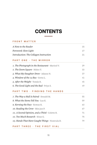 Contents page 1 of Building Beauty: the 50 Sculptra stories in this volume