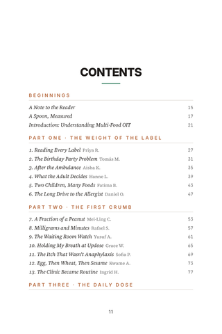 Contents page 1 of Building Tolerance: the 50 Multi-Food OIT stories in this volume
