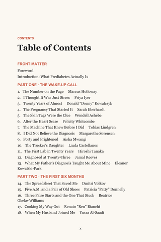 Contents page 1 of Catching It Early: the 50 Prediabetes stories in this volume