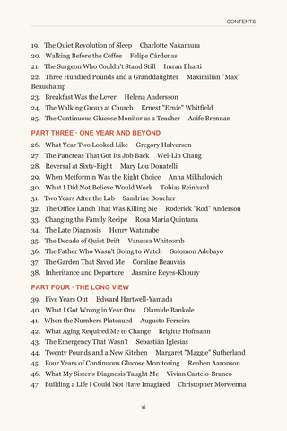 Contents page 2 of Catching It Early: the 50 Prediabetes stories in this volume