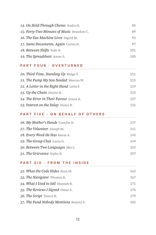 Contents page 2 of Claim to Fame: the 50 Insurance Battles stories in this volume