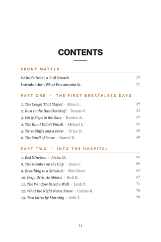 Contents page 1 of Clearing the Lungs: the 50 Pneumonia Recovery stories in this volume