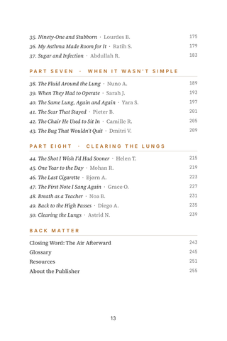 Contents page 3 of Clearing the Lungs: the 50 Pneumonia Recovery stories in this volume