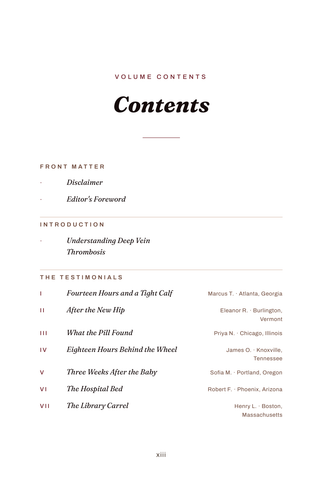 Contents page 1 of Clot Survivors: the 50 Deep Vein Thrombosis stories in this volume