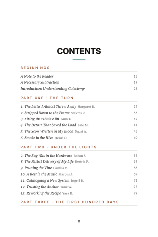 Contents page 1 of Colon Cut: the 50 Colectomy stories in this volume
