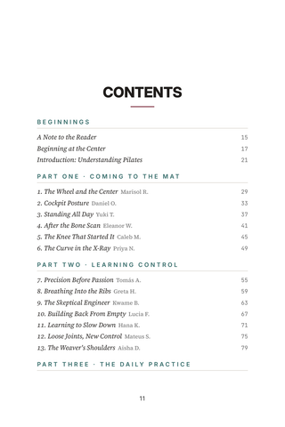 Contents page 1 of Core Stories: the 50 Pilates Transformation stories in this volume