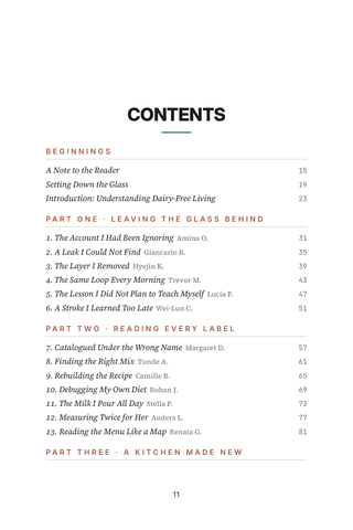 Contents page 1 of Dairy Departure: the 50 Dairy-Free Living stories in this volume