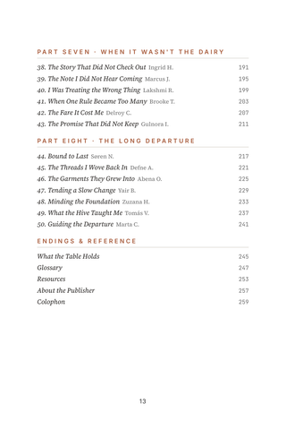 Contents page 3 of Dairy Departure: the 50 Dairy-Free Living stories in this volume