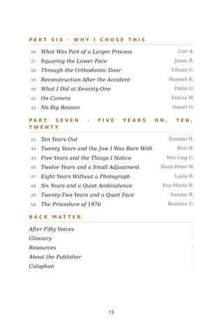 Contents page 3 of Defining Moments: the 50 Chin Implant / Genioplasty stories in this volume