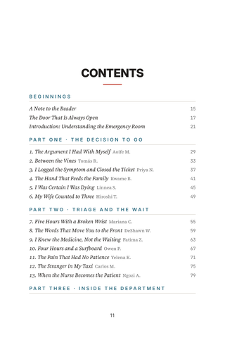 Contents page 1 of ER Stories: the 50 Emergency Room Experience stories in this volume