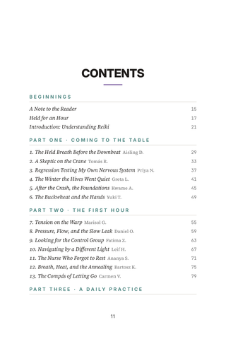Contents page 1 of Energy Flow: the 50 Reiki stories in this volume