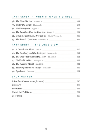 Contents page 3 of Epi-Saved: the 50 Anaphylaxis Survivors stories in this volume