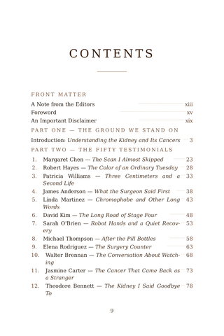 Contents page 1 of Filtered Through Fire: the 50 Kidney Cancer stories in this volume