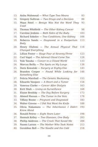 Contents page 2 of Filtered Through Fire: the 50 Kidney Cancer stories in this volume