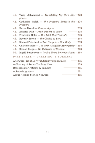 Contents page 3 of Filtered Through Fire: the 50 Kidney Cancer stories in this volume