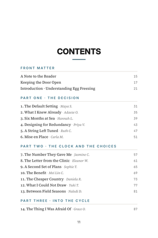 Contents page 1 of Frozen in Time: the 50 Egg Freezing stories in this volume