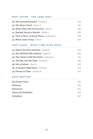Contents page 3 of Frozen in Time: the 50 Egg Freezing stories in this volume