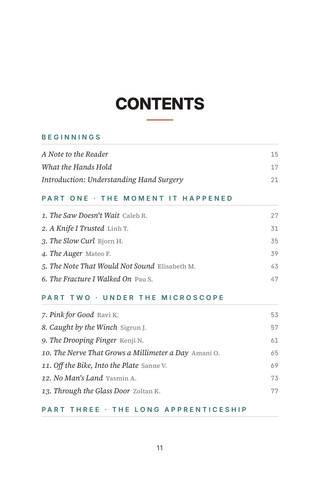 Contents page 1 of Handiwork: the 50 Hand Surgery / Reconstruction stories in this volume