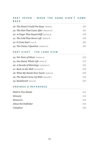 Contents page 3 of Handiwork: the 50 Hand Surgery / Reconstruction stories in this volume