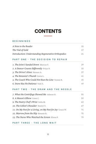 Contents page 1 of Healing the Joint: the 50 Regenerative Orthopedics stories in this volume