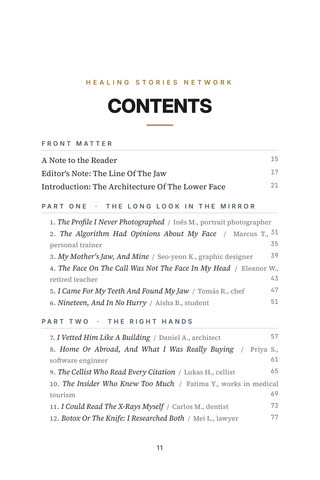 Contents page 1 of Jaw Dropping: the 50 Jawline Surgery / Contouring stories in this volume