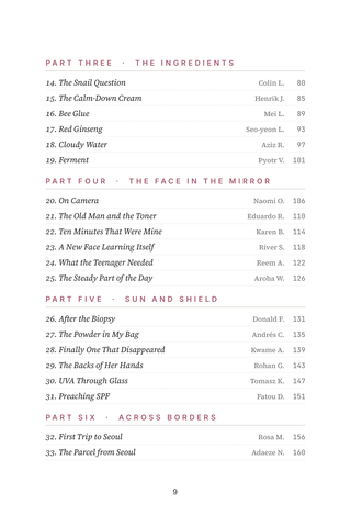 Contents page 2 of K-Beauty Converts: the 50 Korean Skincare Routines stories in this volume