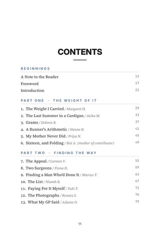 Contents page 1 of Lighter Load: the 50 Breast Reduction stories in this volume