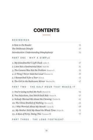 Contents page 1 of Made to Smile: the 50 Dimpleplasty stories in this volume