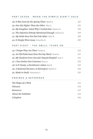 Contents page 3 of Made to Smile: the 50 Dimpleplasty stories in this volume