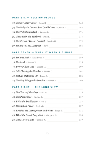 Contents page 3 of Master Gland: the 50 Pituitary Tumor stories in this volume