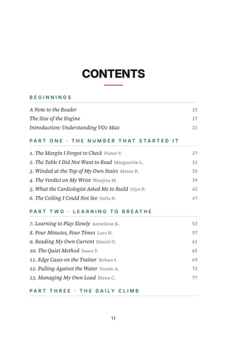 Contents page 1 of Maxing the Engine: the 50 VO2 Max Training stories in this volume