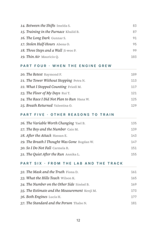 Contents page 2 of Maxing the Engine: the 50 VO2 Max Training stories in this volume