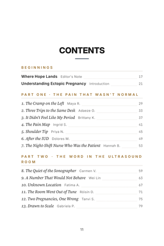 Contents page 1 of Misplaced Hope: the 50 Ectopic Pregnancy stories in this volume