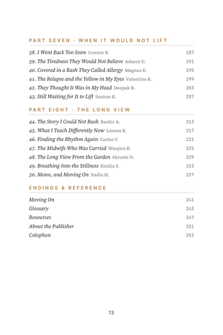 Contents page 3 of Mono and Moving On: the 50 Mononucleosis stories in this volume