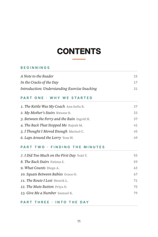 Contents page 1 of Movement in Minutes: the 50 Exercise Snacking stories in this volume