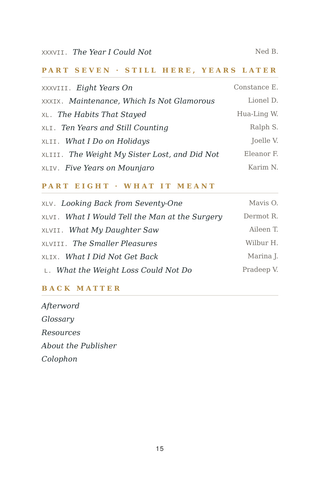 Contents page 3 of Never Too Late: the 50 Weight Loss After 50 stories in this volume