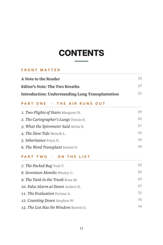 Contents page 1 of New Breath: the 50 Lung Transplant stories in this volume